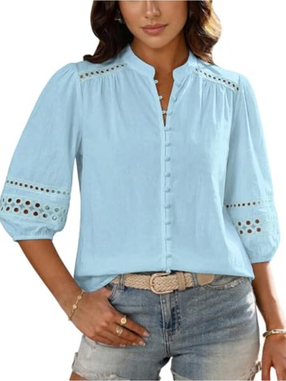 Cotton Eyelet Blouse Mandarin Collar 3/4 Puff Sleeve Button Down